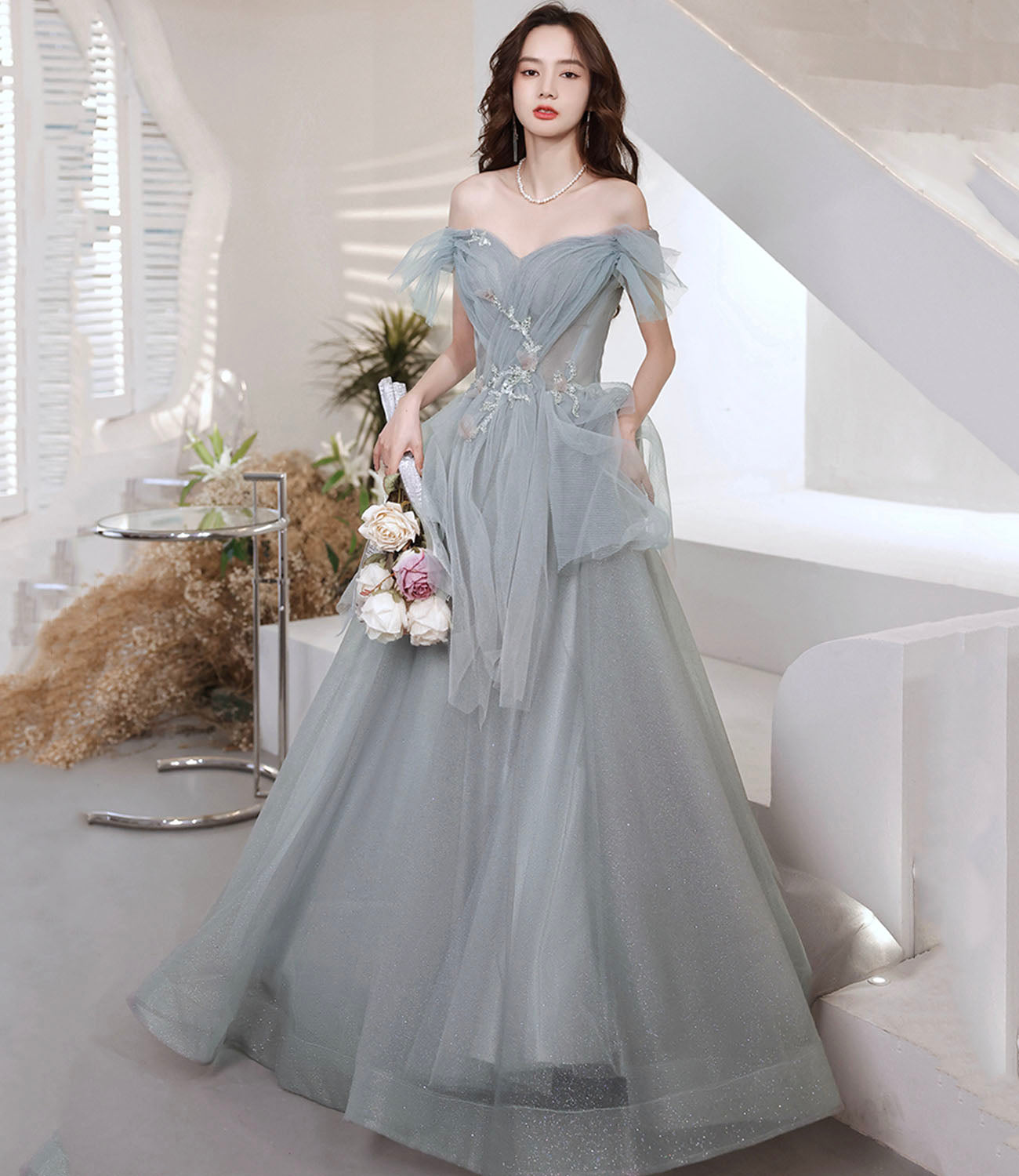 Gray tulle sequins long prom dress A line evening dress  10646