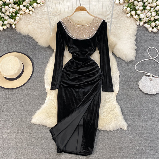Schwarzes Samtkleid mit langen Ärmeln Modekleid 10929