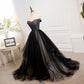 Black tulle off shoulder long prom dress, black evening dress  7899