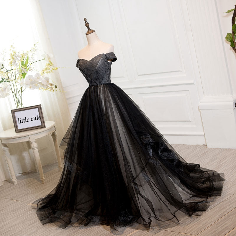 Black tulle off shoulder long prom dress, black evening dress  7899