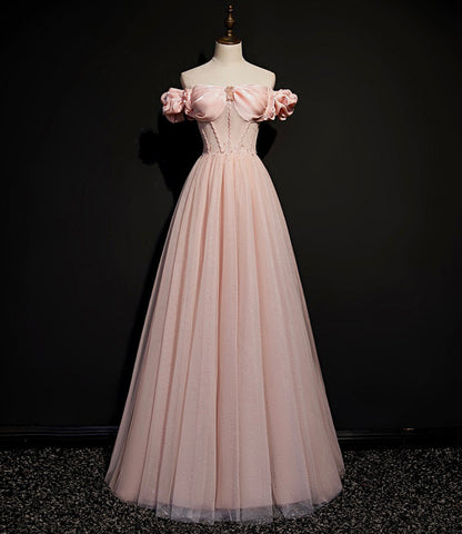 Robe de soirée longue en tulle rose avec ligne A 8693