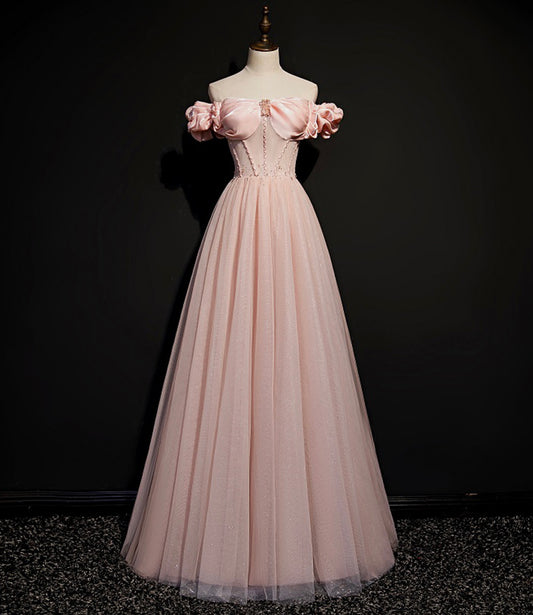 Pink tulle long A line prom dress pink evening dress  8693