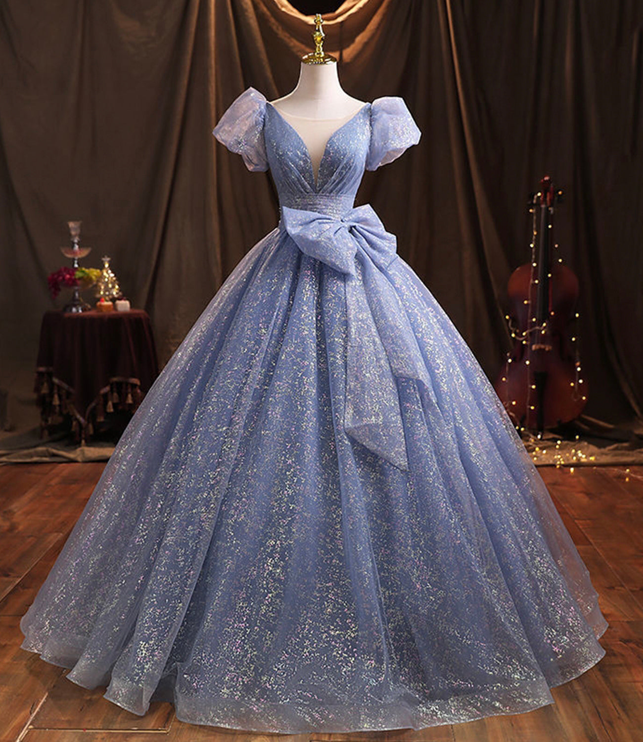 Robe de soirée longue en tulle bleu Robe de soirée trapèze 10229