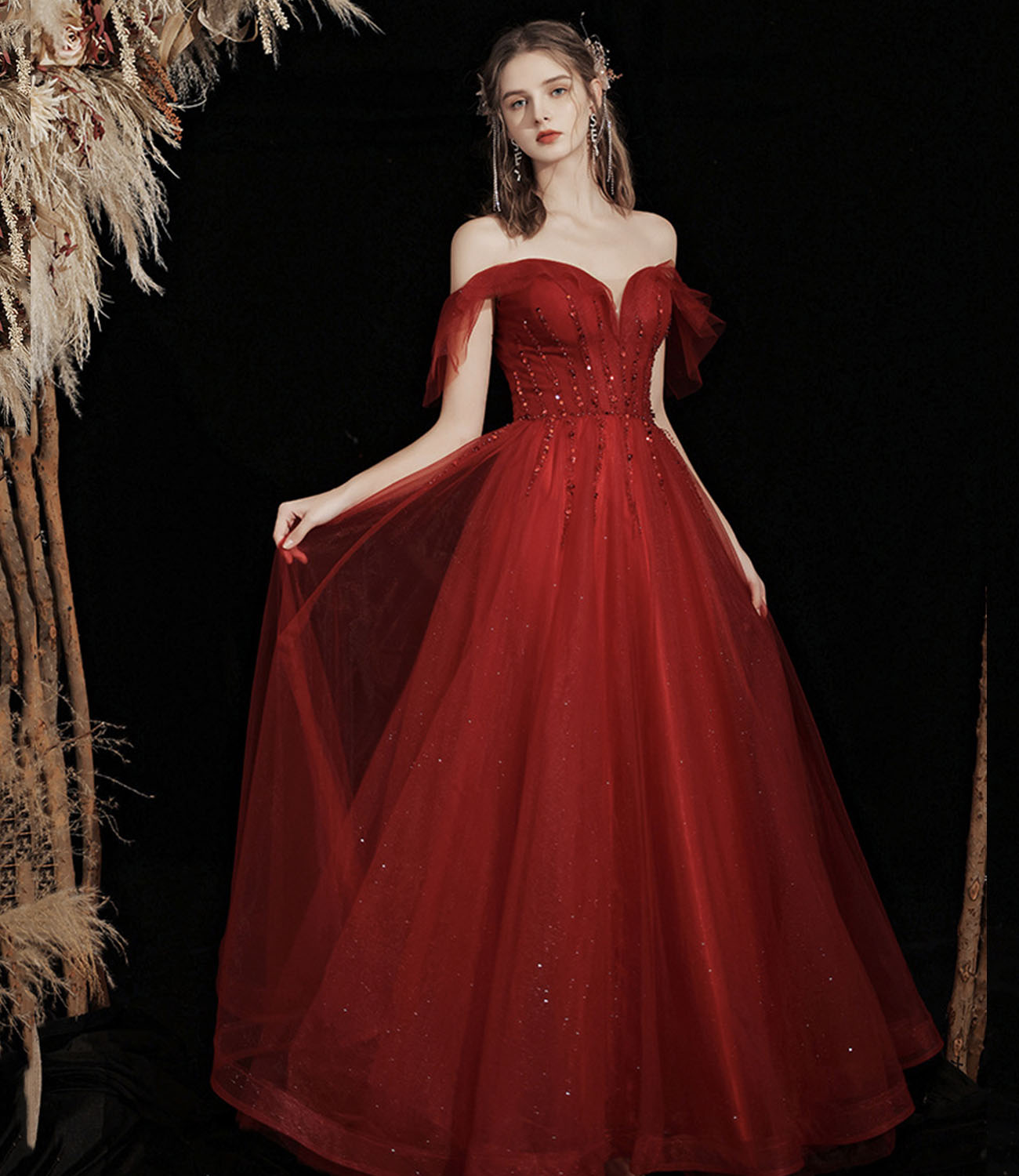Burgund Tüll Perlen langes Ballkleid A-Linie Abendkleid 10428
