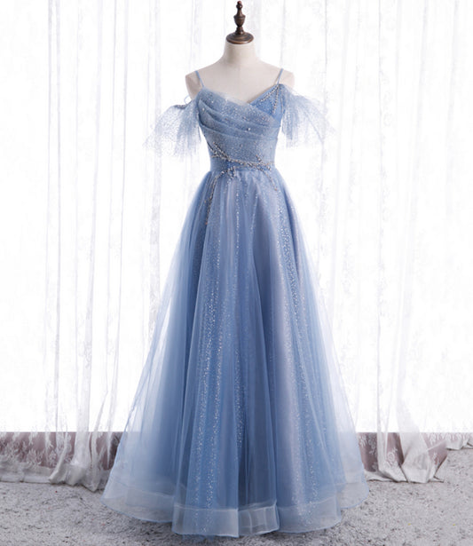 Blue tulle long A line prom dress fashion dress  8763