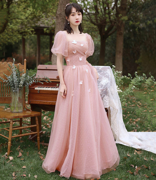 Rosa Tüll langes Ballkleid A-Linie Abendkleid 10587