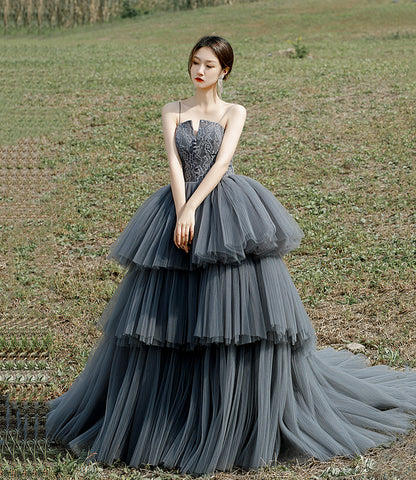 Robe de soirée longue en tulle et dentelle grise 10306