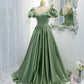 Green satin long A line prom dress green evening dress  8810