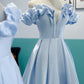 Blue satin long A line prom dress blue evening dress  8746