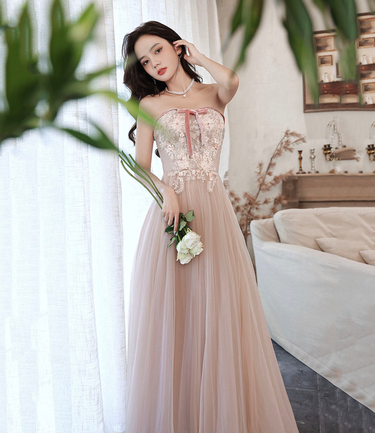 Rosa langes Ballkleid aus Tüllspitze Rosa Abendkleid 10628