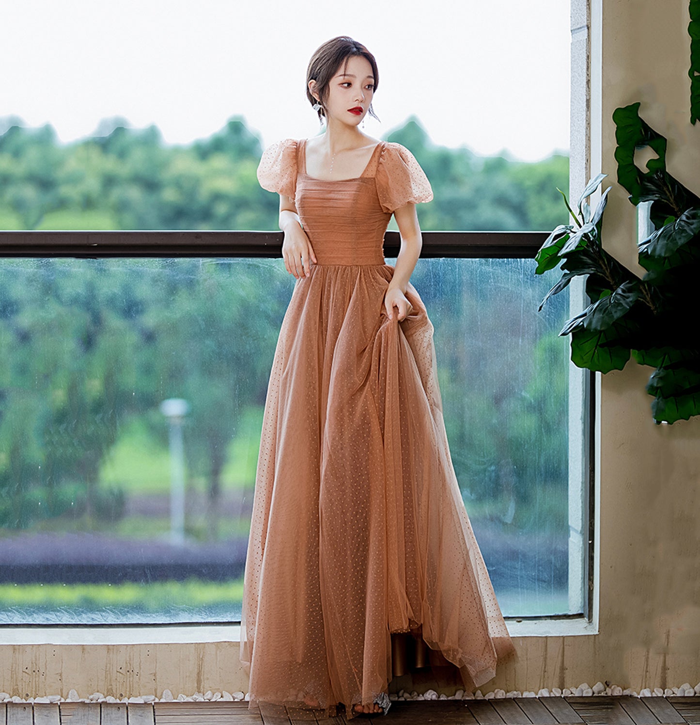 Cute tulle long prom dress A line evening gown  10128