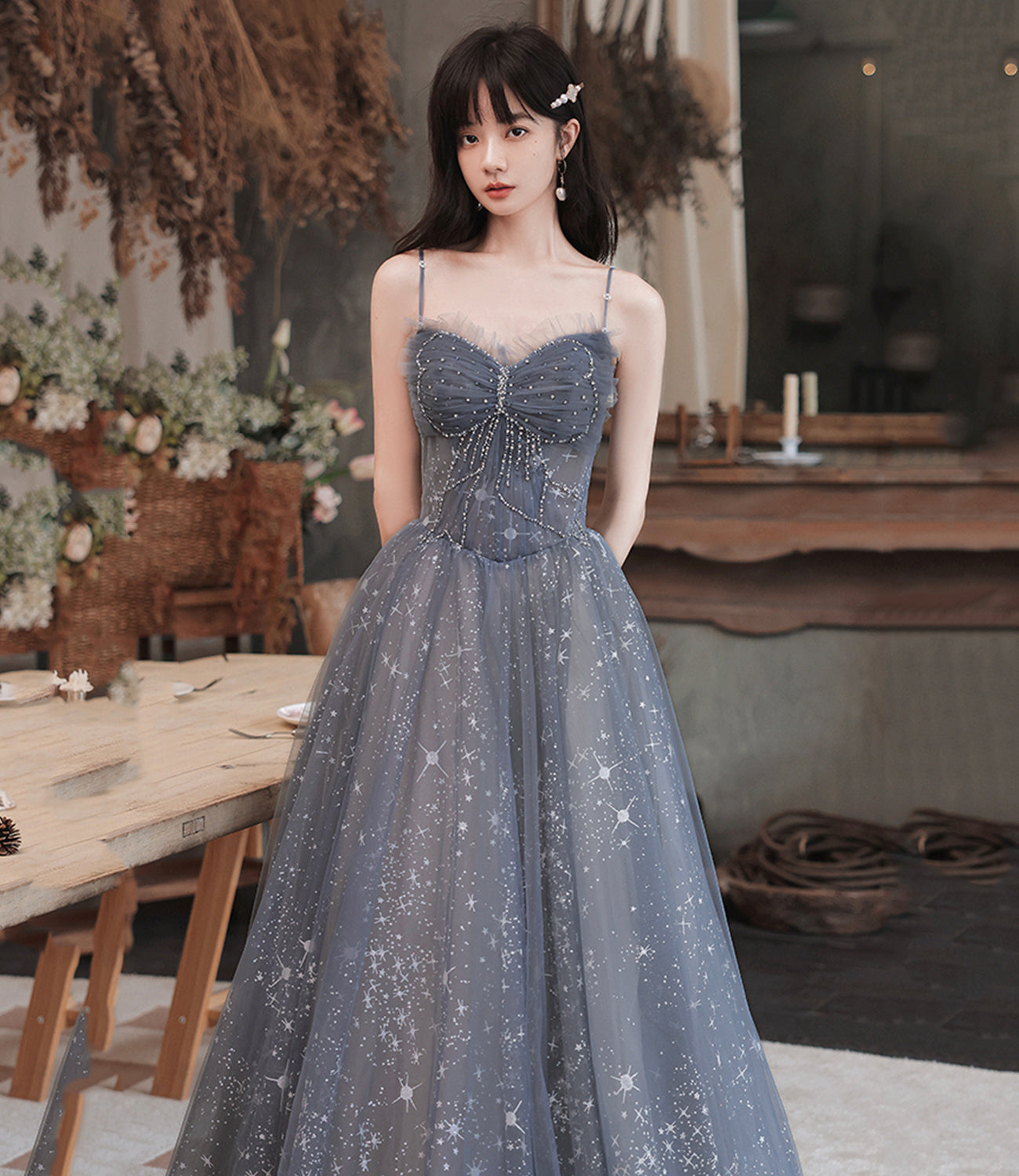 Gray tulle long prom dress A line evening dress  10489
