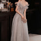 Gray tulle sequins long prom dress A line evening dress  10627