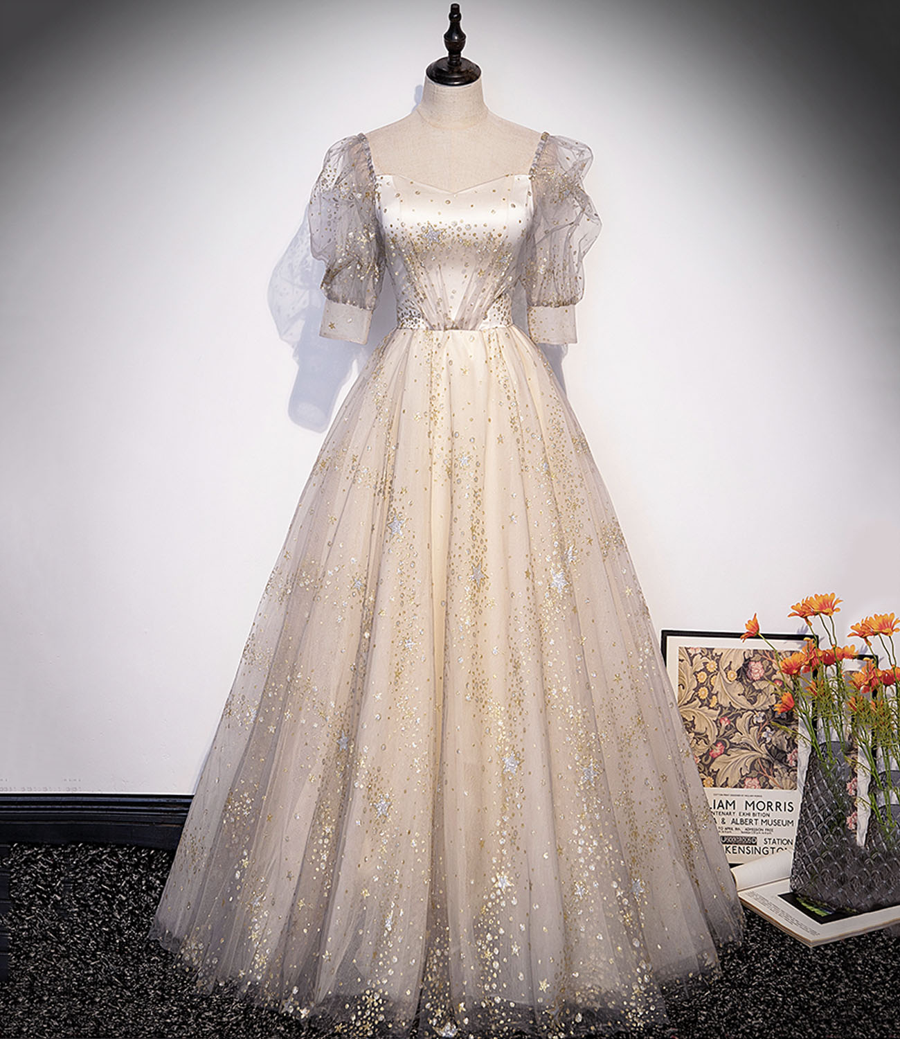 Champagne tulle sequins long prom dress A line evening gown  10327