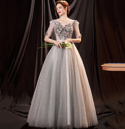 Langes Ballkleid aus grauem Tüll mit Pailletten, formelles Kleid 10147