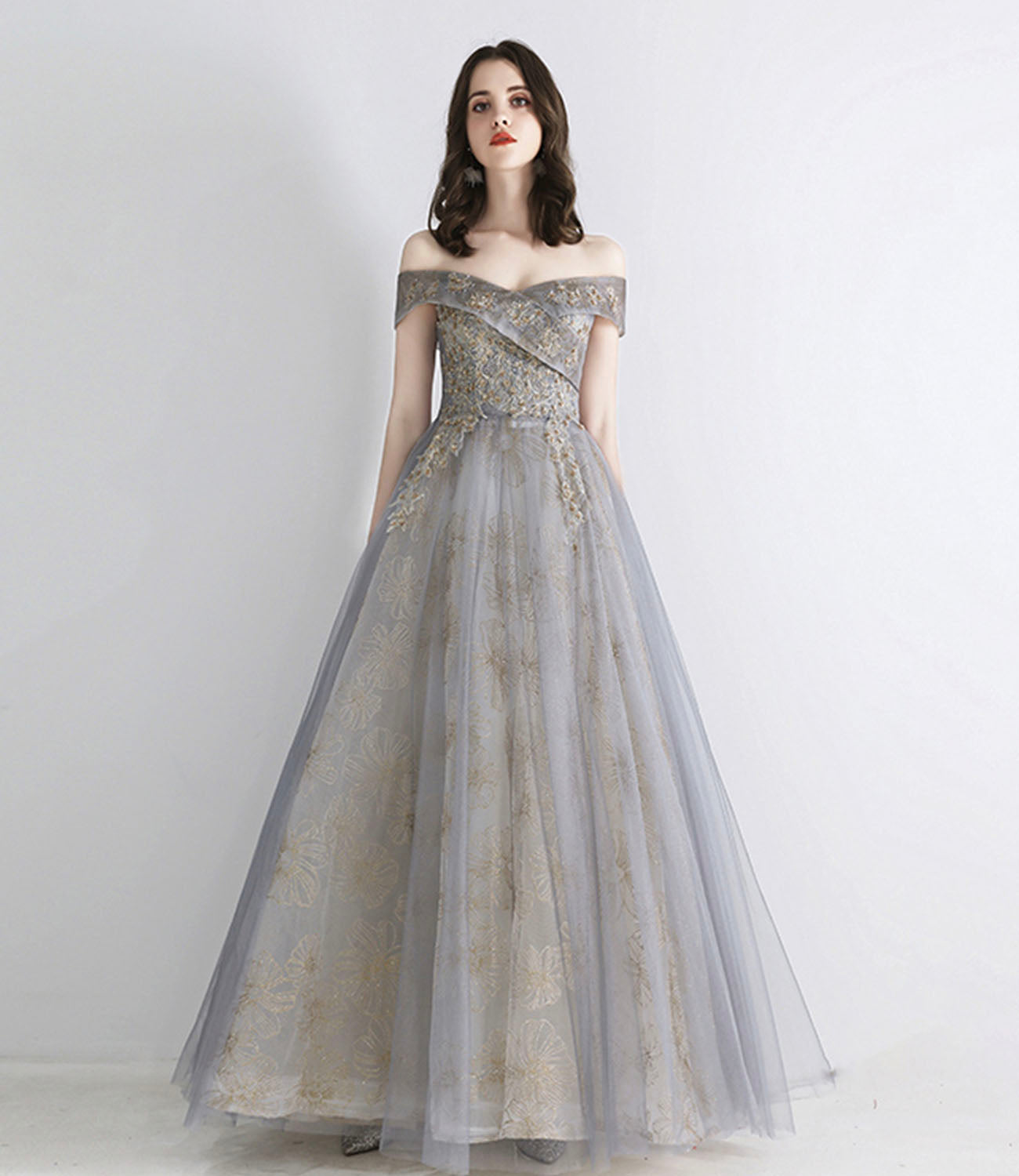 Graues Tüll Pailletten langes Ballkleid Abendkleid 10639