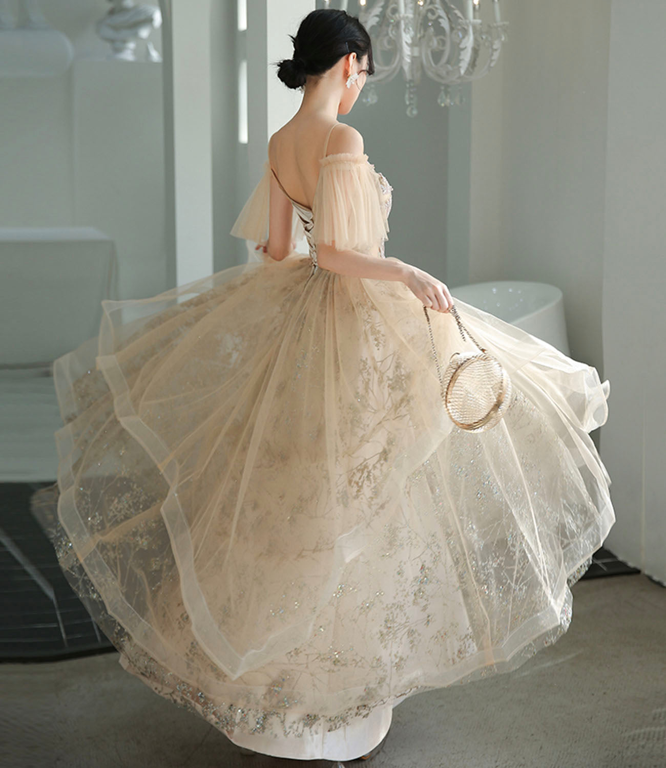 Robe de soirée longue en tulle et dentelle champagne Robe de soirée trapèze 10339