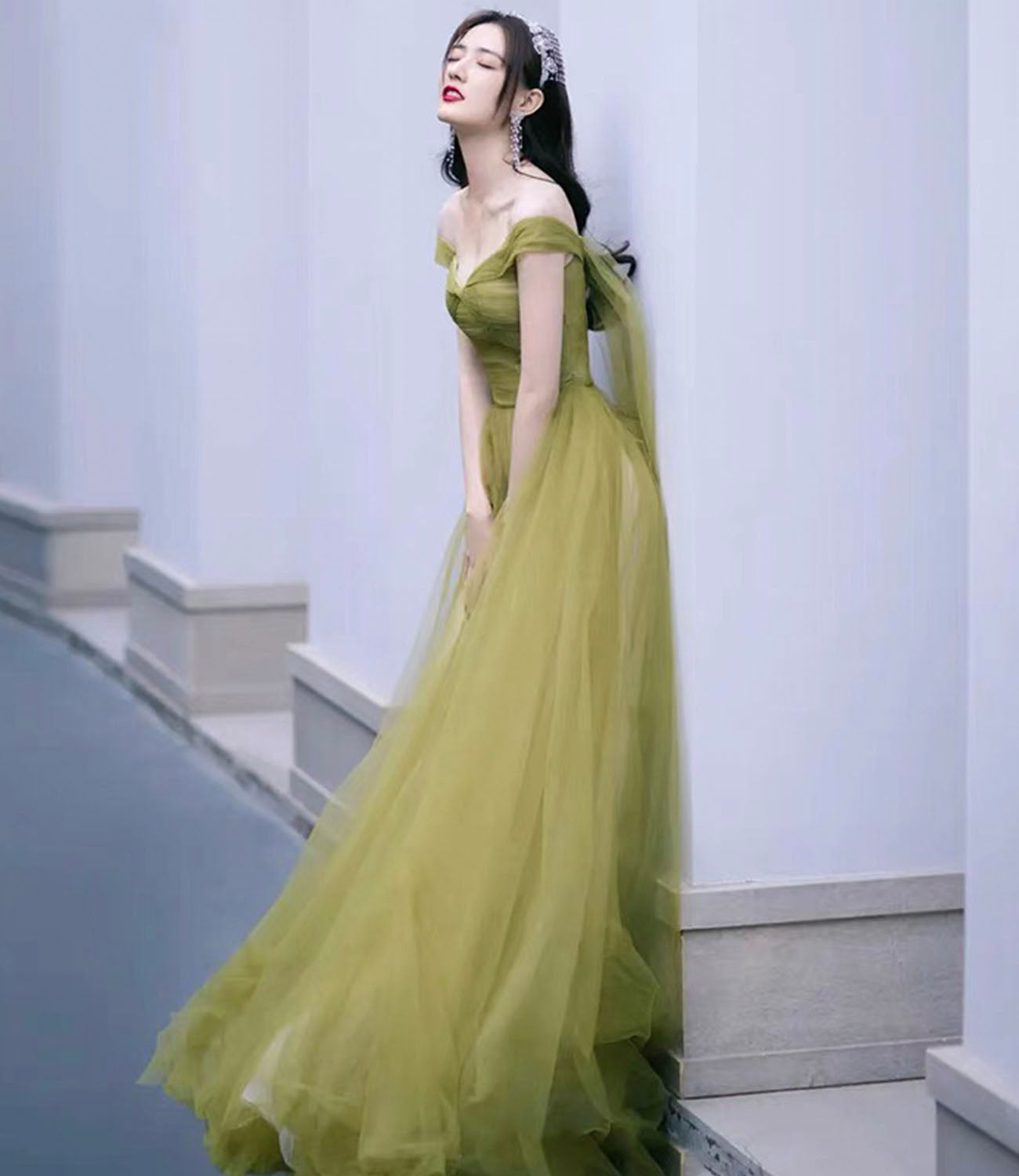 Cute tulle long prom dress A line evening gown  10337