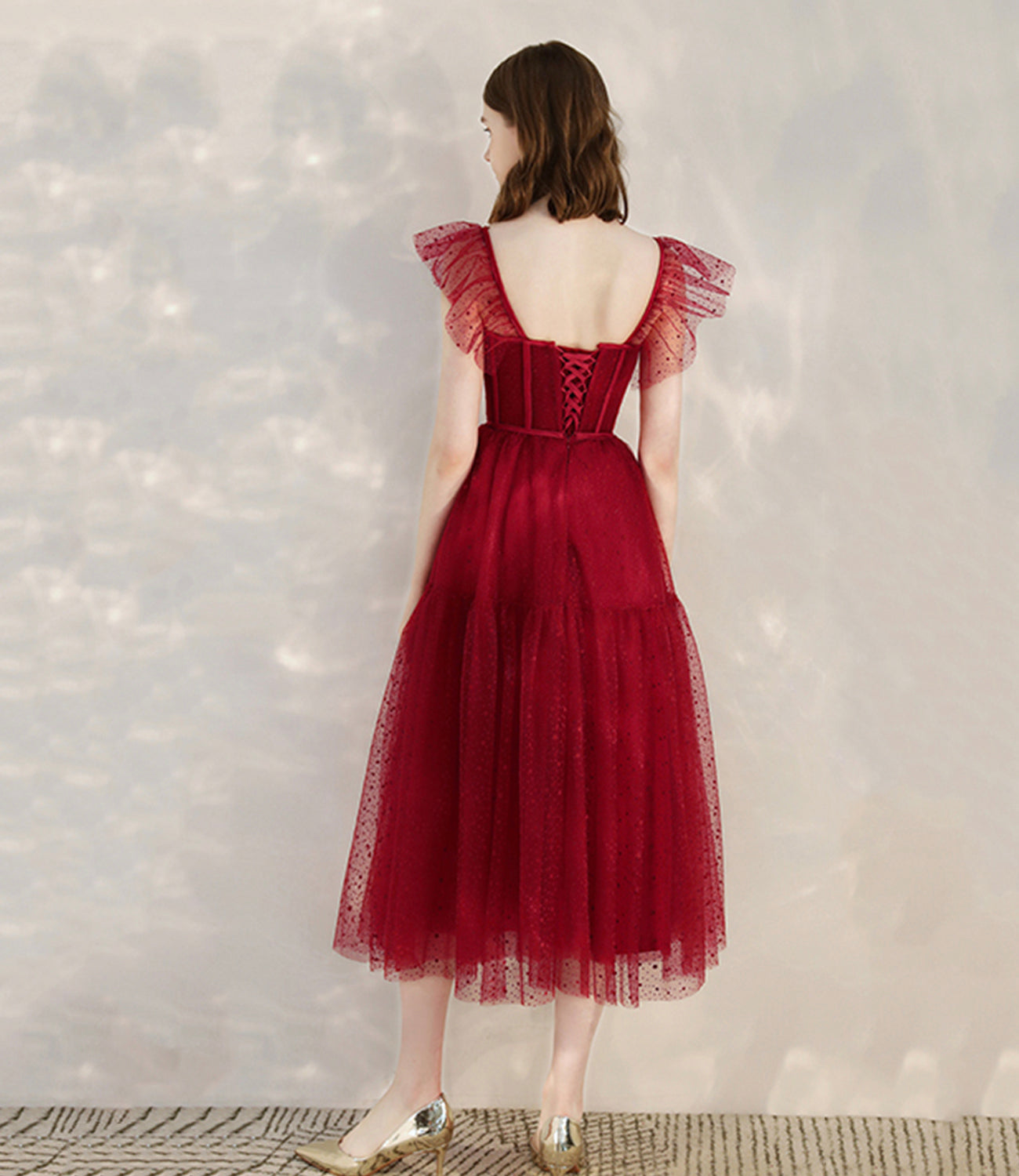 Robe de cocktail courte en tulle rouge avec ligne A 10399