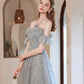 Gray tulle beads long prom dress A line evening dress  10425