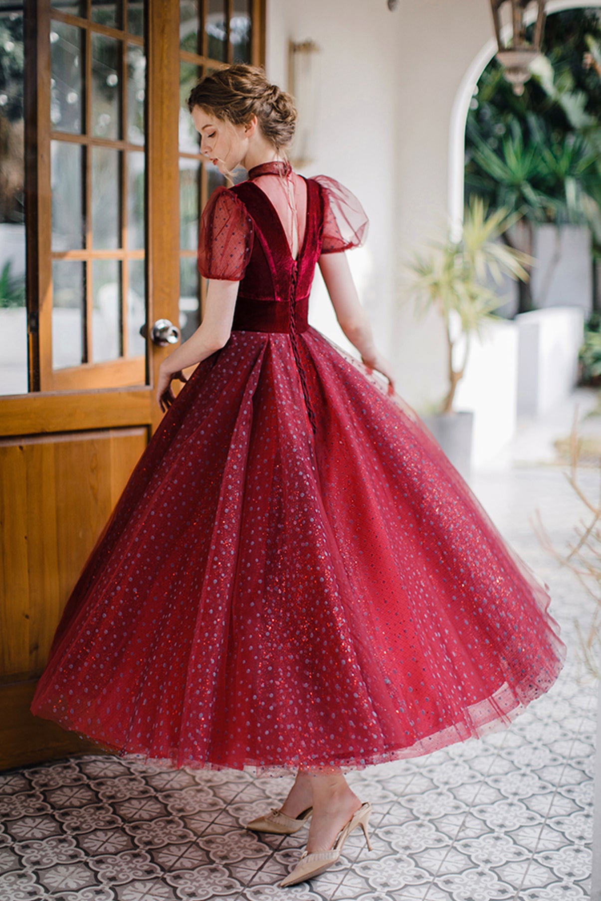Burgund Tüll kurzes Ballkleid A-Linie Abendkleid 8647
