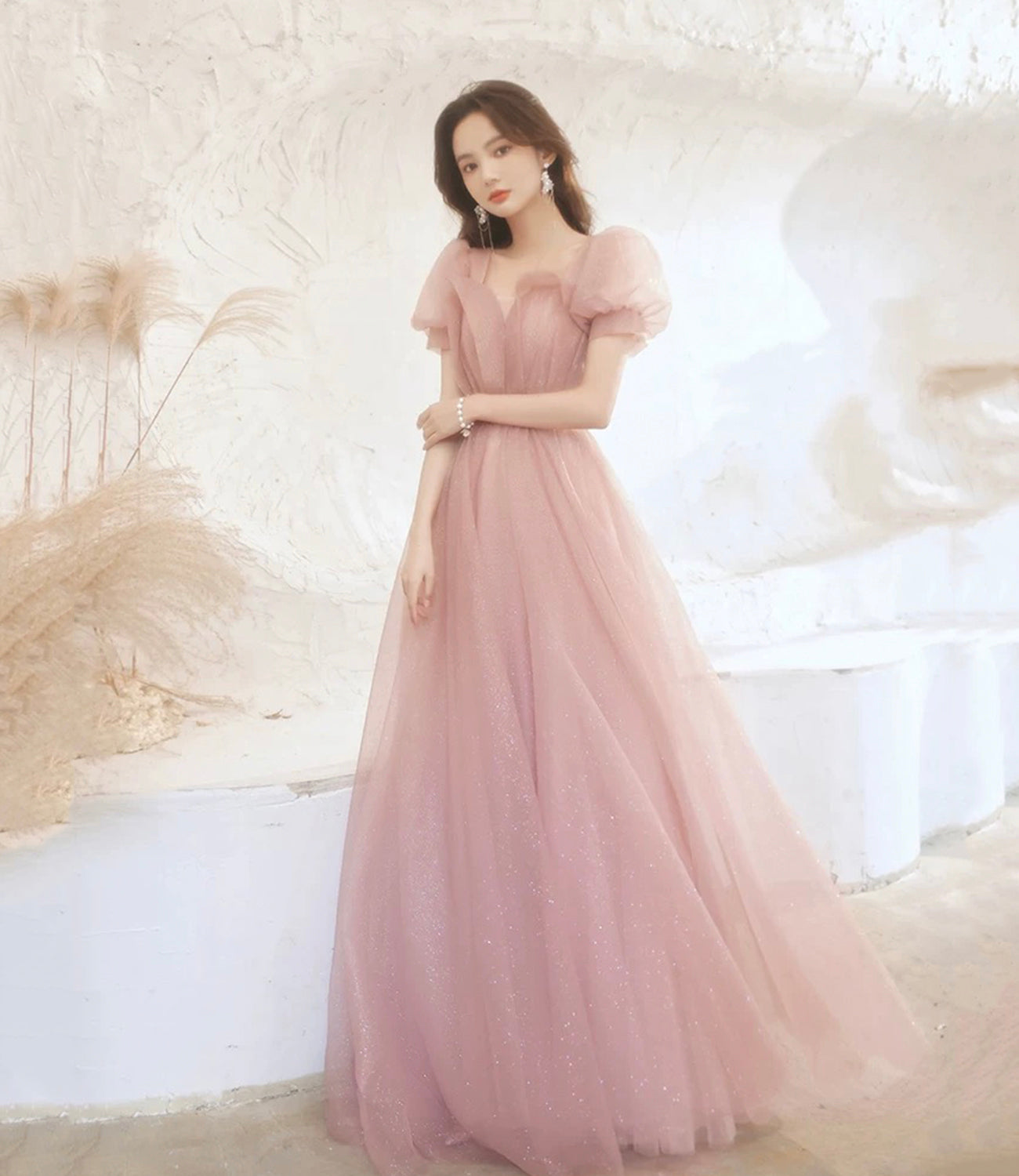 Robe de soirée longue en tulle rose mignonne, coupe A, 10524