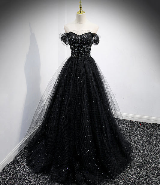 Schwarzes Tüll langes A-Linie Ballkleid schwarzes Abendkleid 8863