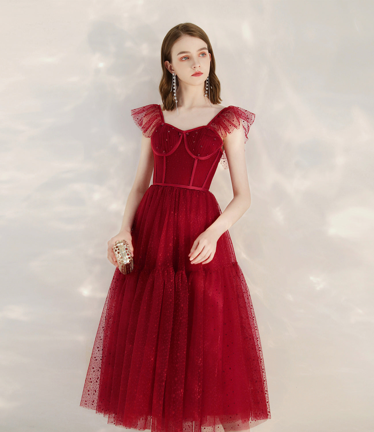 Robe de cocktail courte en tulle rouge avec ligne A 10399