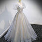 Gray tulle sequins long prom dress gray evening dress  10160