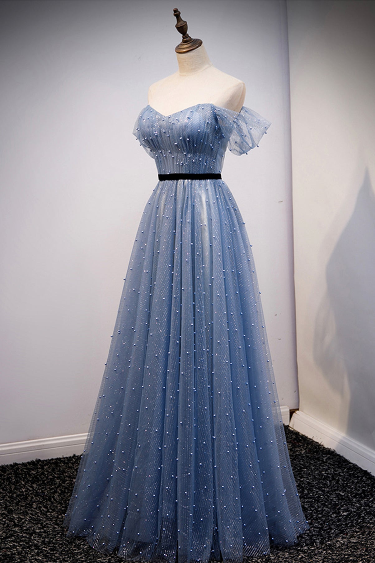 Blaues Tüll langes A-Linie Ballkleid Abendkleid 8686