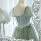 Green satin tulle long prom dress A line evening dress  10445