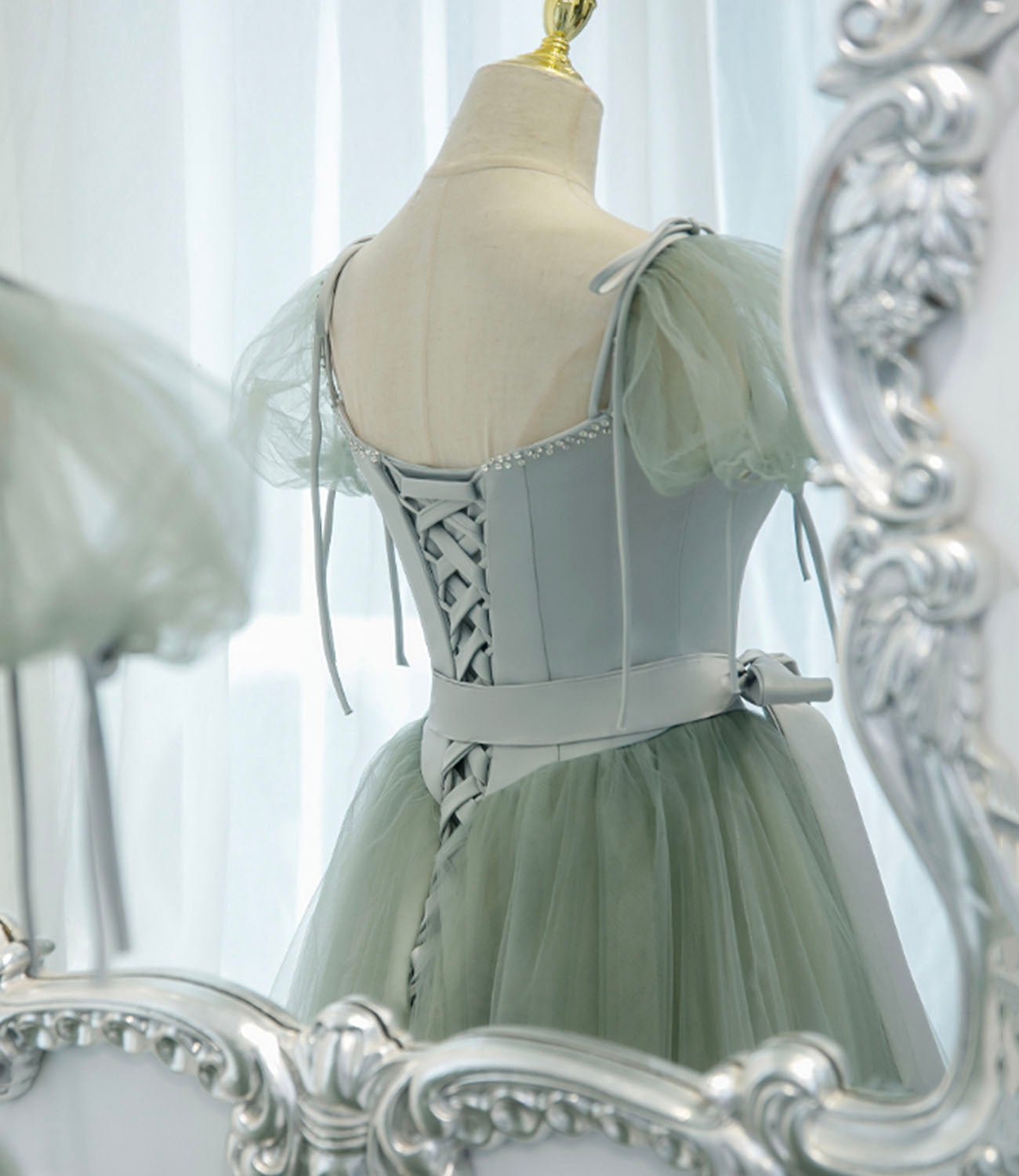 Green satin tulle long prom dress A line evening dress  10445