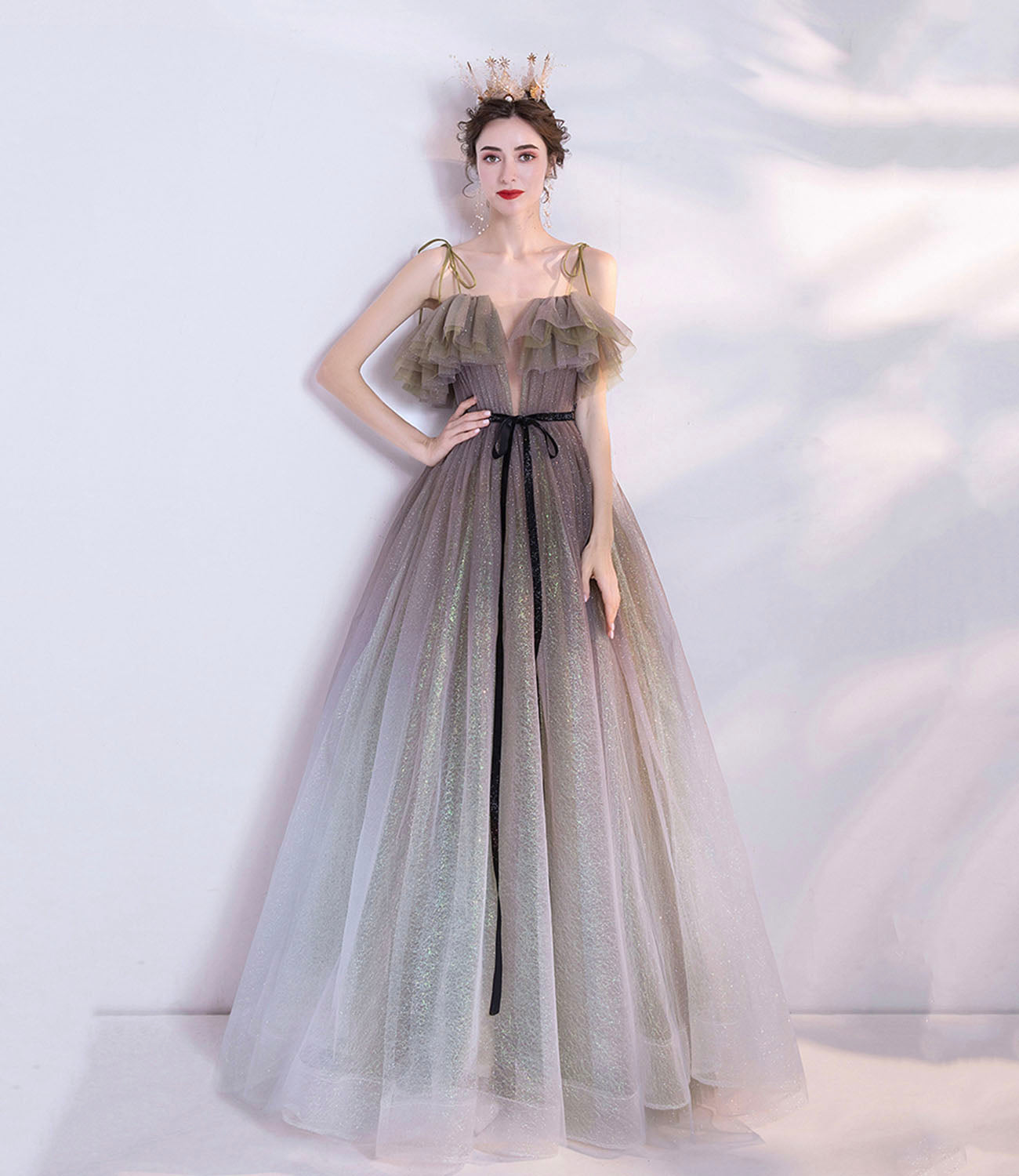 Graugrünes Tüll Pailletten langes Ballkleid Abendkleid 10616
