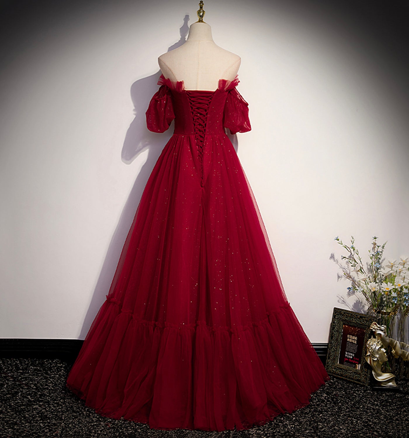 Burgund Tüll langes Ballkleid A-Linie Abendkleid 10009