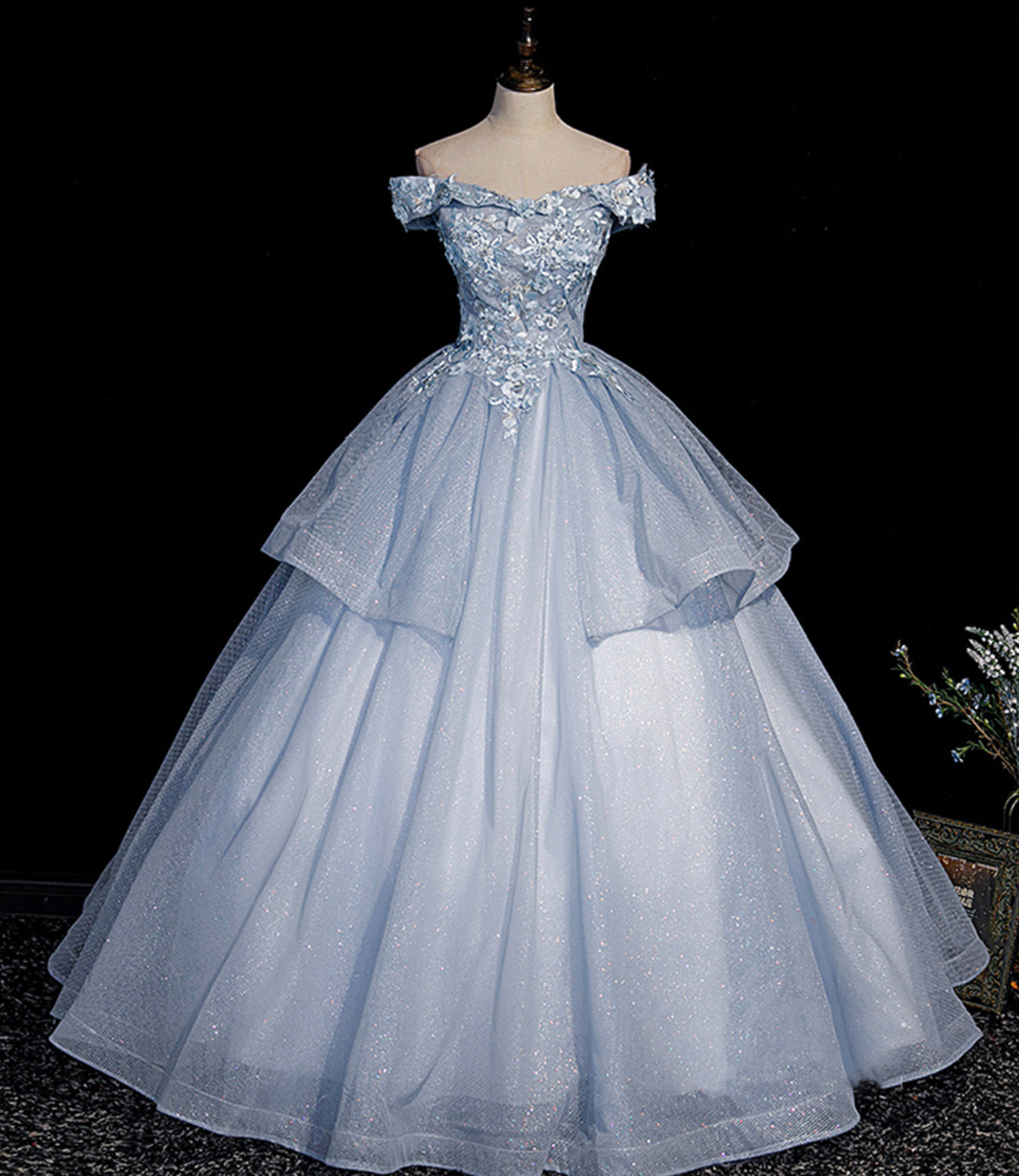 Blaues Tüll-Spitzen-Ballkleid-Kleid, lang, formelle Kleider 10475