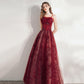 Burgundy tulle long prom dress A line evening gown  10374