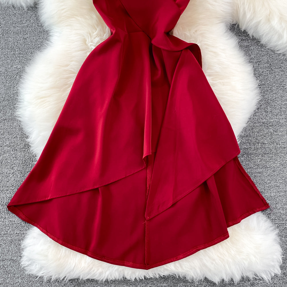 Robe trapèze sans manches à volants et taille haute à col en V 11029