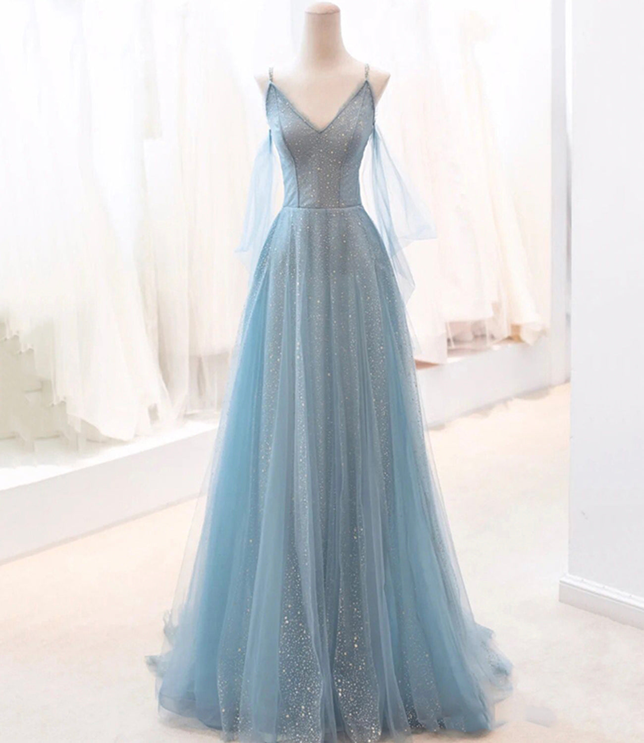 Blaues langes Ballkleid aus Tüll in A-Linie blaues Abendkleid 8764