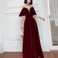 Burgundy velvet long prom dress A line evening dress  10371