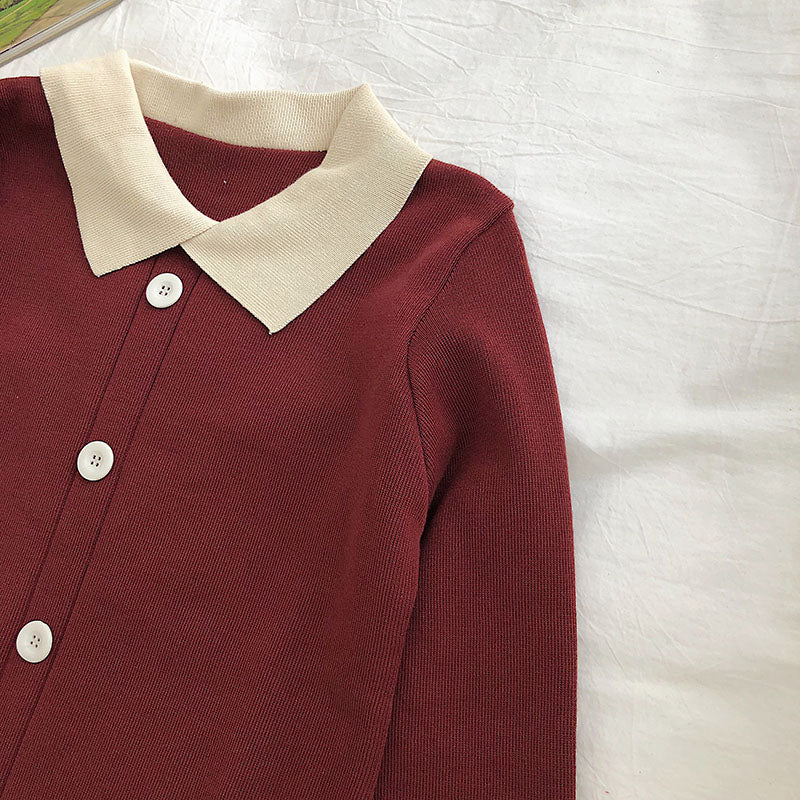 Color contrast Lapel long sleeve sweater Pullover Top  6483