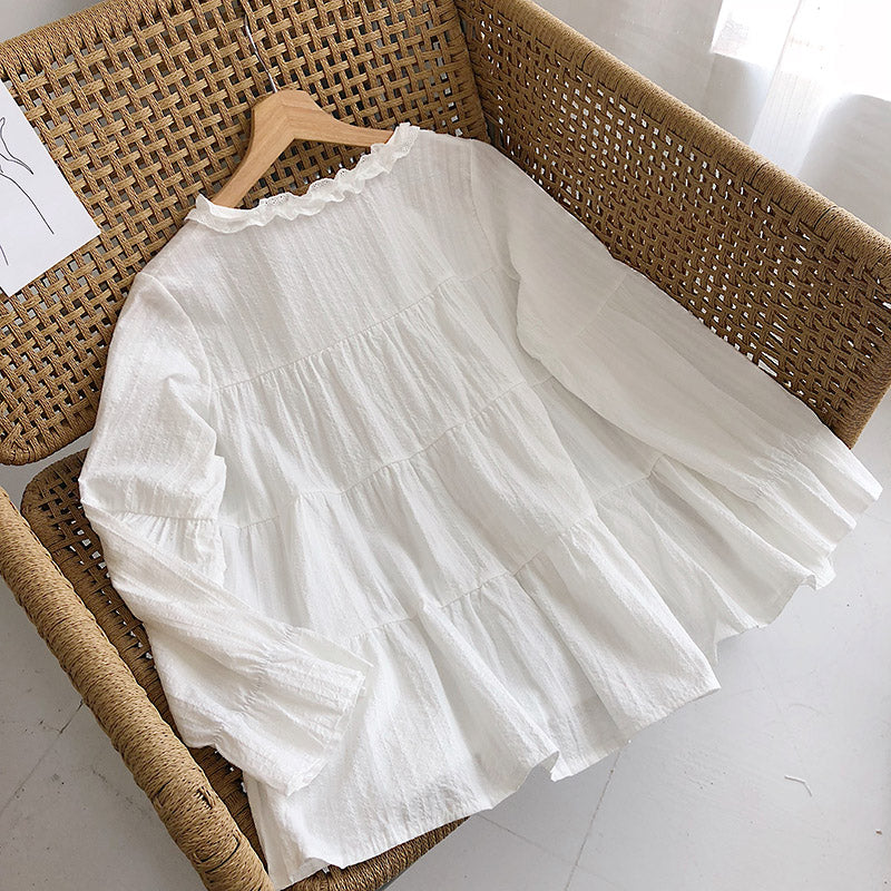Jacquard cut-out lace up long sleeved shirt with ear edge collar  6230