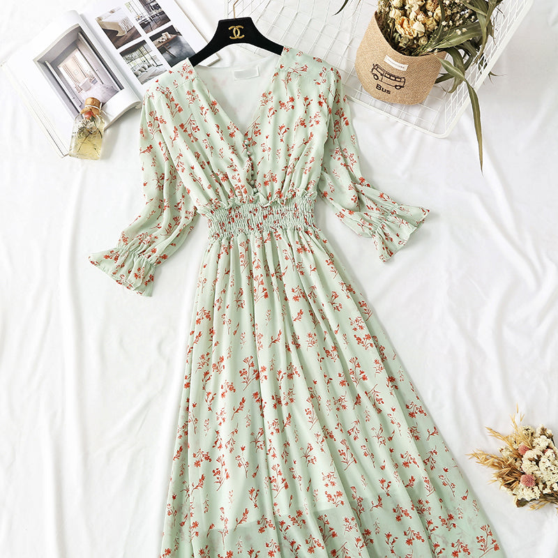 Chiffon-Kleid mit Blumenmuster, französische Minderheit, Retro-Rock, schmale Taille 4475