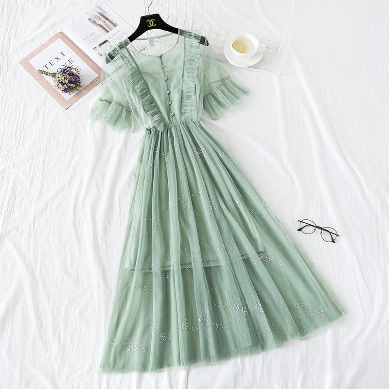 French minority Platycodon skirt foreign style mesh dress  4476