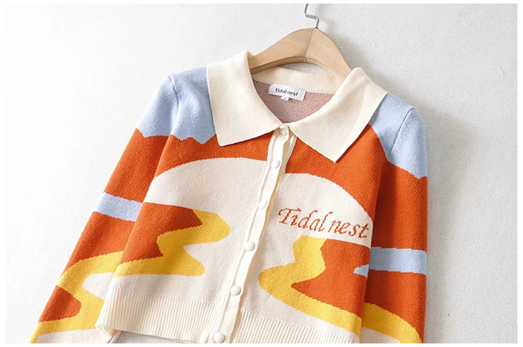 Cardigan tricoté rétro super beau avec peinture à l'huile au coucher du soleil au design minoritaire 7211