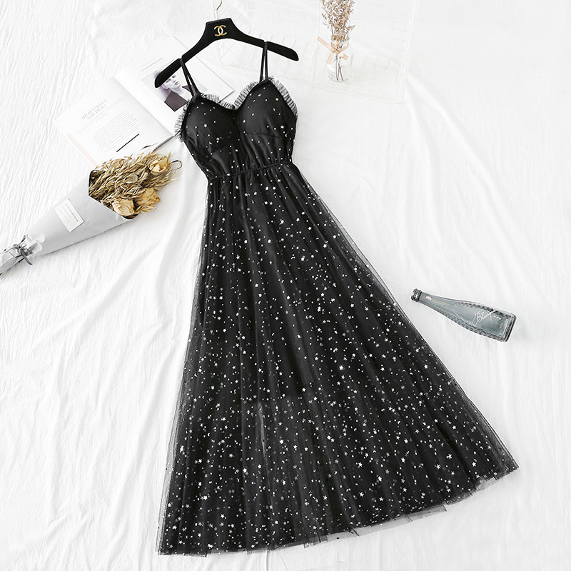 Five pointed star Sequin mesh sexy suspender dress  4298