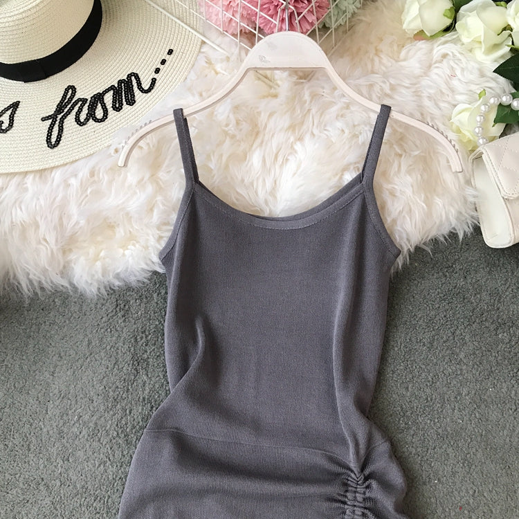 Drawstring pleated sexy irregular suspender dress women  3399