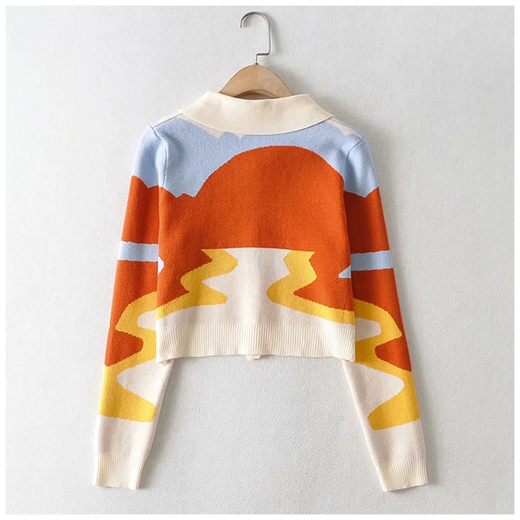 Cardigan tricoté rétro super beau avec peinture à l'huile au coucher du soleil au design minoritaire 7211