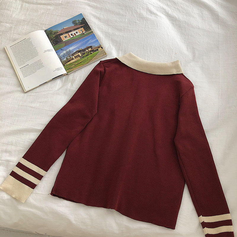Color contrast Lapel long sleeve sweater Pullover Top  6483