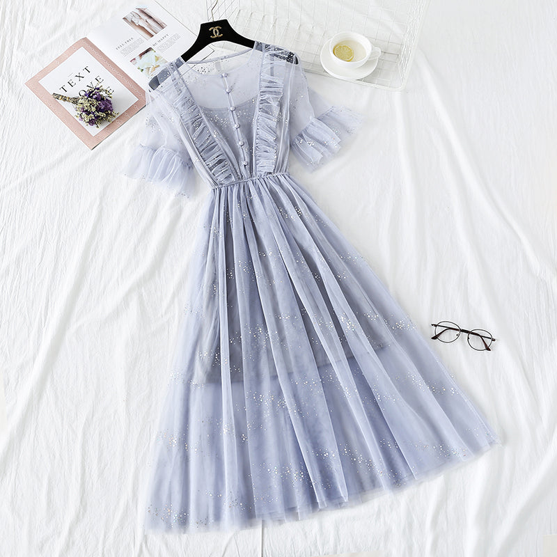 French minority Platycodon skirt foreign style mesh dress  4476