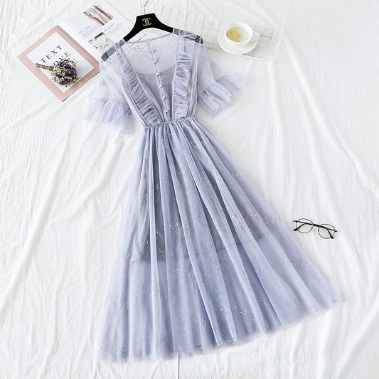 French minority Platycodon skirt foreign style mesh dress  4476